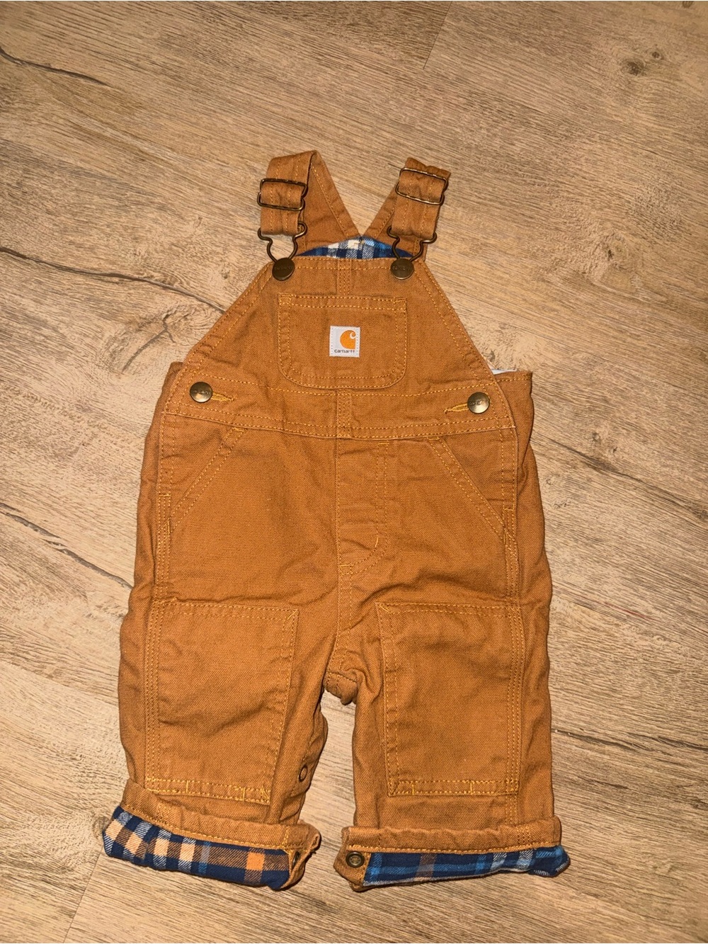 Carhartt Kids Tan/Brown Duck Canvas Overalls with Plaid Lining